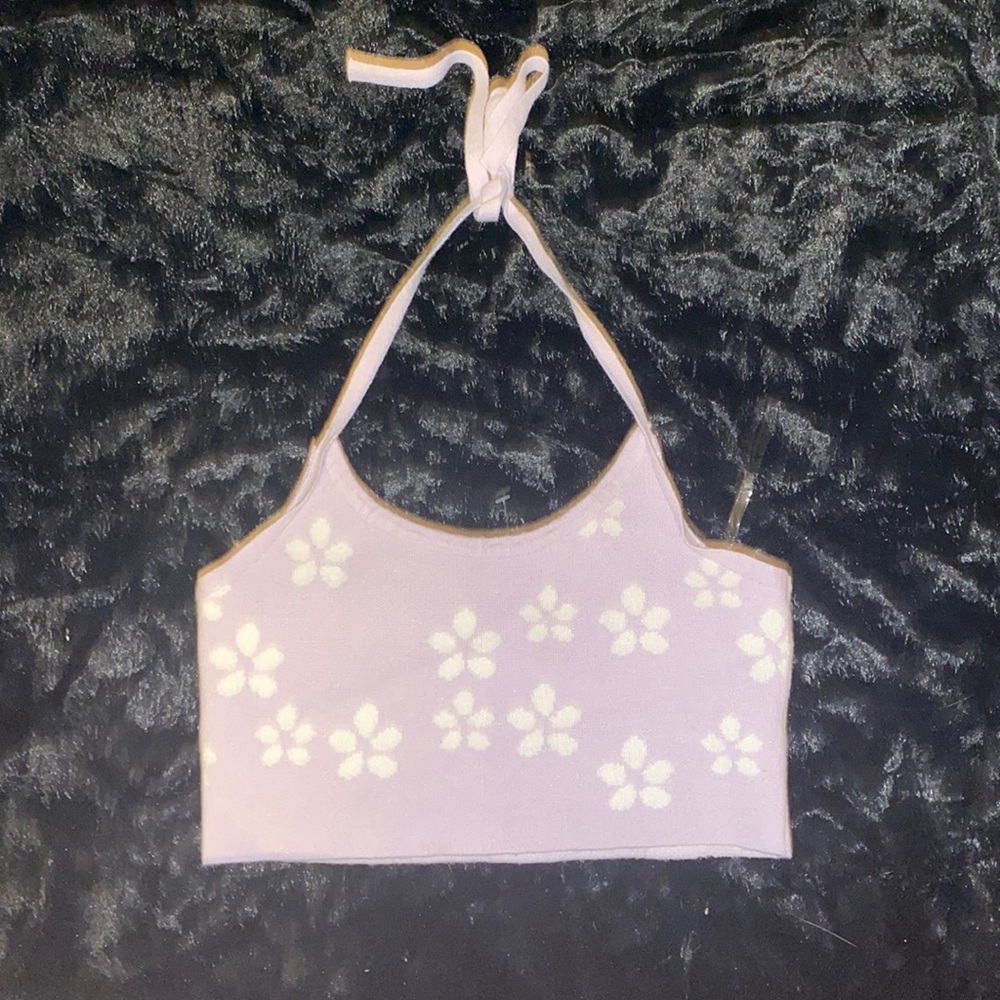 A cute medium purple crop top with white flower print